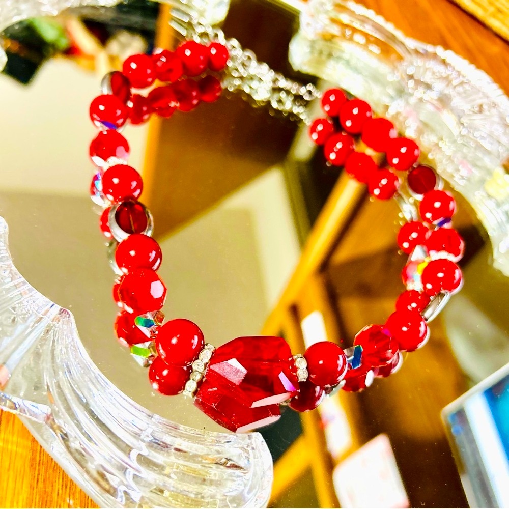 Kissaka vintage RED crystal beads & rhinestone necklace